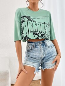 SHEIN Unity Letter Graphic Drop Shoulder Crop Tee - Mint Green - View 6