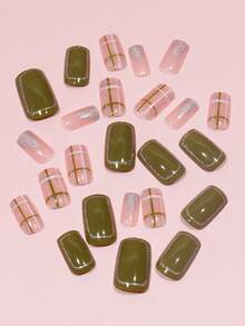 Instantly Upgrade Your Look with 24pcs Long Square Grid Line Glitter Powder Fake Nail & 1sheet Tape & 1pc Nail File For women And Girls - Multicolor - View 5