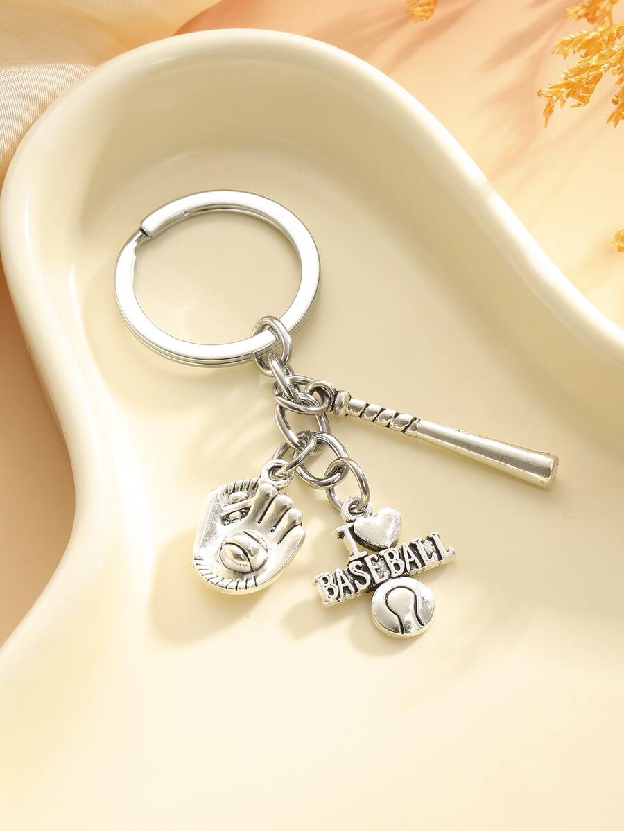 1pc Unisex Baseball & Baseball Bat Charm Fashionable Keychain, For Gift - Antique Silver - View 1