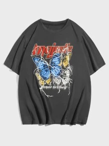 ROMWE MEN Street Life Guys Butterfly & Slogan Graphic Tee - Dark Grey - View 1