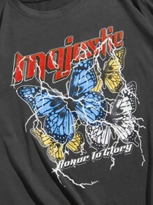 ROMWE MEN Street Life Guys Butterfly & Slogan Graphic Tee - Dark Grey - View 4