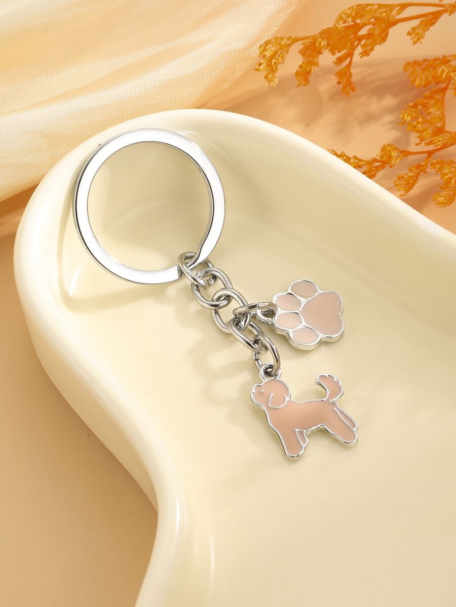 1pc Dog & Dog Paw Charm Keychain - Pink - View 1