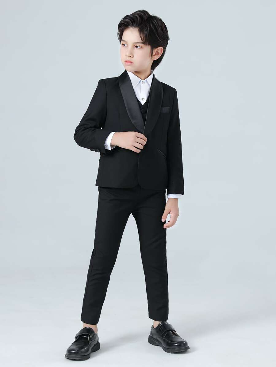 Young Boy Shawl Collar Long Sleeve Suit Jacket With Single Breasted Vest And Pants, Spring And Autumn Formal Dress Suit - Black - View 1