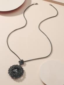Rhinestone Decor Round Charm Necklace - Black - View 2