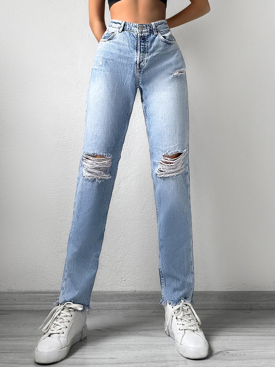 Cottnline Raw Hem Straight Leg Jeans - Light Wash - View 1