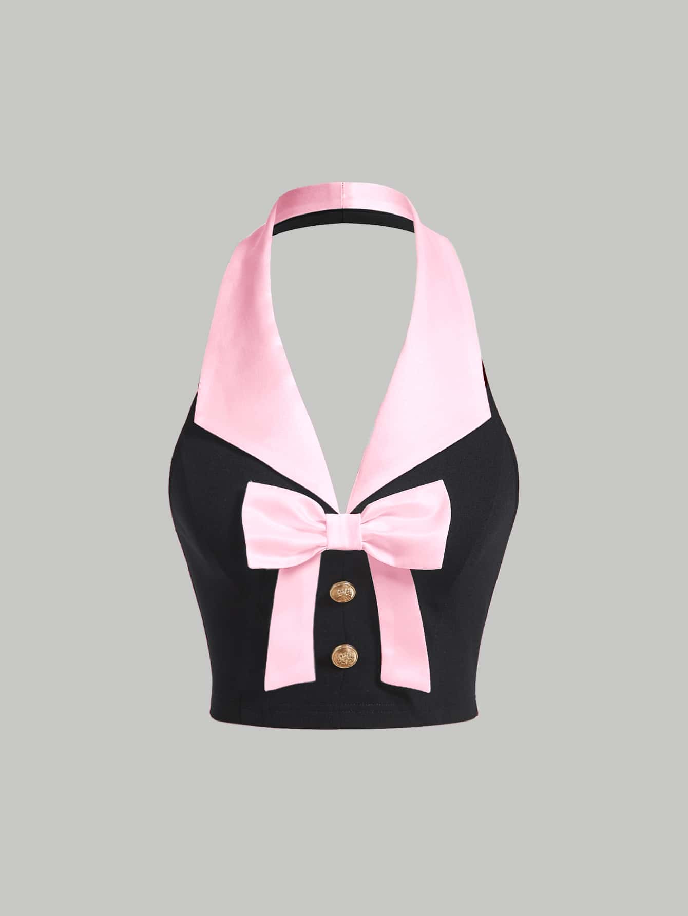 SHEIN MOD 雙色前蝴蝶結掛脖上衣 - 淺粉色 - 查看 1