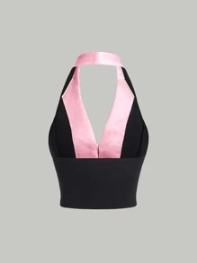 SHEIN MOD 雙色前蝴蝶結掛脖上衣 - 淺粉色 - 查看 2