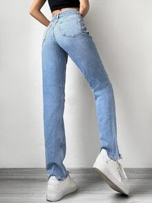 Cottnline Raw Hem Straight Leg Jeans - Light Wash - View 2