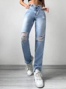 Cottnline Raw Hem Straight Leg Jeans - Light Wash - View 4