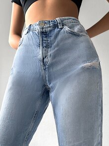 Cottnline Raw Hem Straight Leg Jeans - Light Wash - View 5