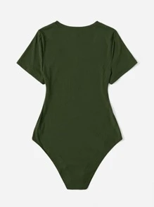 SHEIN EZwear Plus 净色罗纹针织紧身衣 - 軍綠色 - 查看 3