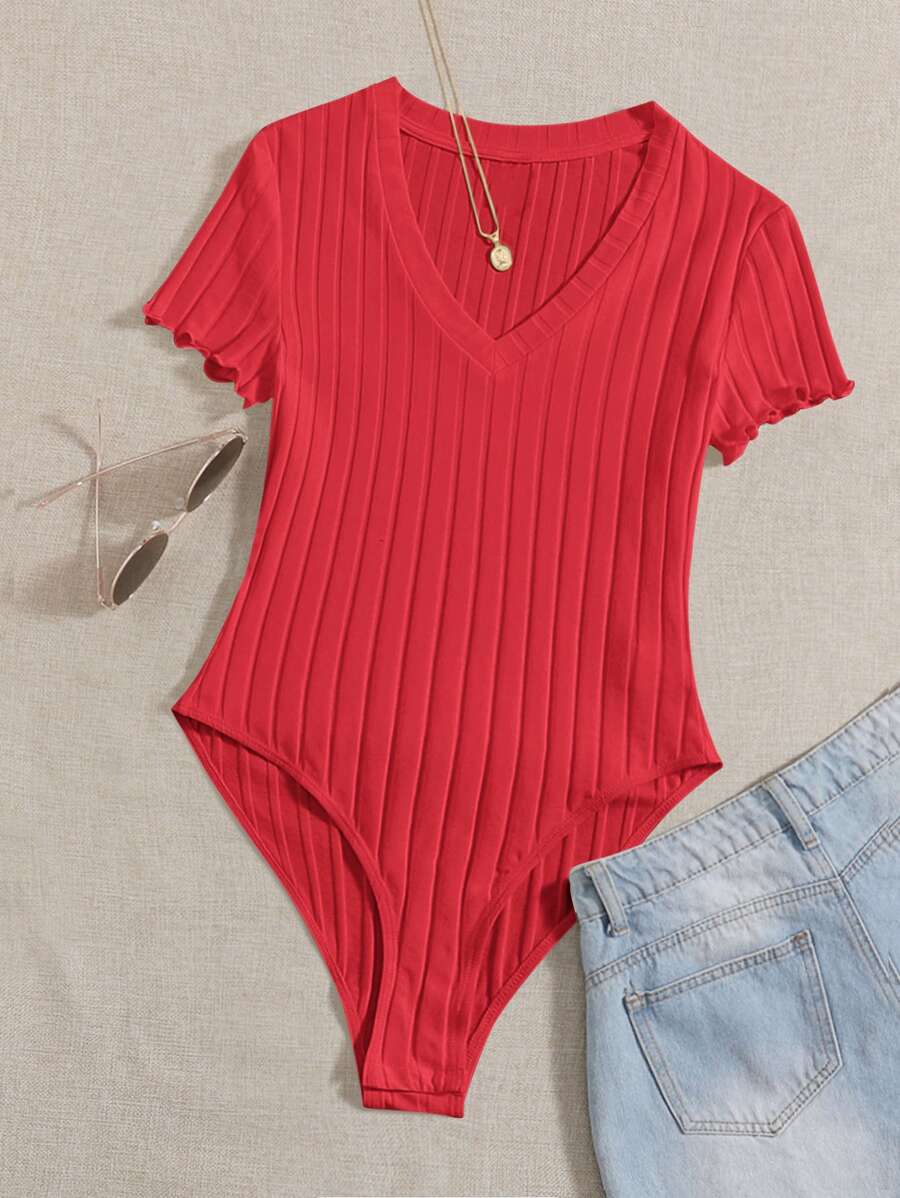 SHEIN EZwear Plus Lettuce Trim Ribbed Knit Bodysuit - Red - View 1