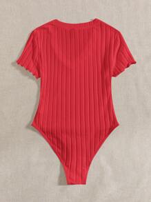 SHEIN EZwear Plus Lettuce Trim Ribbed Knit Bodysuit - Red - View 2