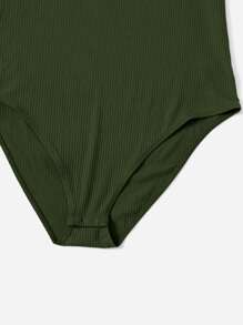 SHEIN EZwear Plus 净色罗纹针织紧身衣 - 軍綠色 - 查看 6