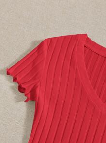 SHEIN EZwear Plus Lettuce Trim Ribbed Knit Bodysuit - Red - View 6