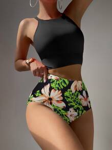 Conjunto de bikini de estampado tropical aleatorio. Top halter con recorte en la parte trasera. Bottom de bikini de cintura alta. Traje de baño de 2 piezas. - Negro - Ver 4