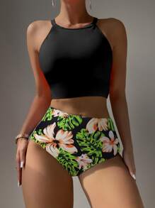 Conjunto de bikini de estampado tropical aleatorio. Top halter con recorte en la parte trasera. Bottom de bikini de cintura alta. Traje de baño de 2 piezas. - Negro - Ver 5