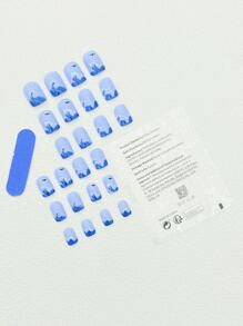 提升你風格帶24入組短方形藍色啞光波浪樣式假指甲和1入組指甲銼和1片指甲膠帶 - 彩色 - 查看 2