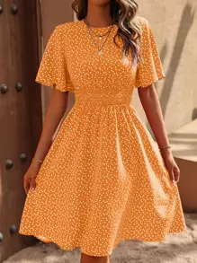 Breezaya Allover Heart Print Butterfly Sleeve Dress - Orange - View 1