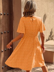 Breezaya Allover Heart Print Butterfly Sleeve Dress - Orange - View 2