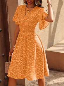 Breezaya Allover Heart Print Butterfly Sleeve Dress - Orange - View 3