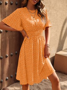 Breezaya Allover Heart Print Butterfly Sleeve Dress - Orange - View 4