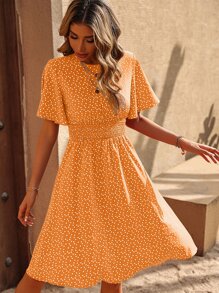 Breezaya Allover Heart Print Butterfly Sleeve Dress - Orange - View 5