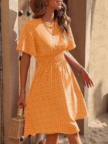 Breezaya Allover Heart Print Butterfly Sleeve Dress - Orange - View 6