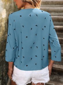 SHEIN LUNE Áo sơ mi nữ Uốn nếp Thú vật Giải trí - Màu xanh lam - Xem 2