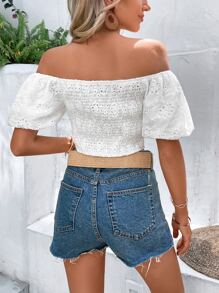 SHEIN WYWH Off Shoulder Puff Sleeve Schiffy Blouse - White - View 3