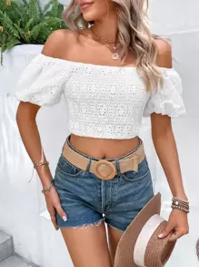 SHEIN WYWH Off Shoulder Puff Sleeve Schiffy Blouse - White - View 1