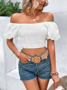 SHEIN WYWH Off Shoulder Puff Sleeve Schiffy Blouse - White - View 6