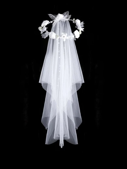 1件白色花环装饰新娘头纱，适用于花园婚礼、海滩婚礼、秋季女装、情人节配饰