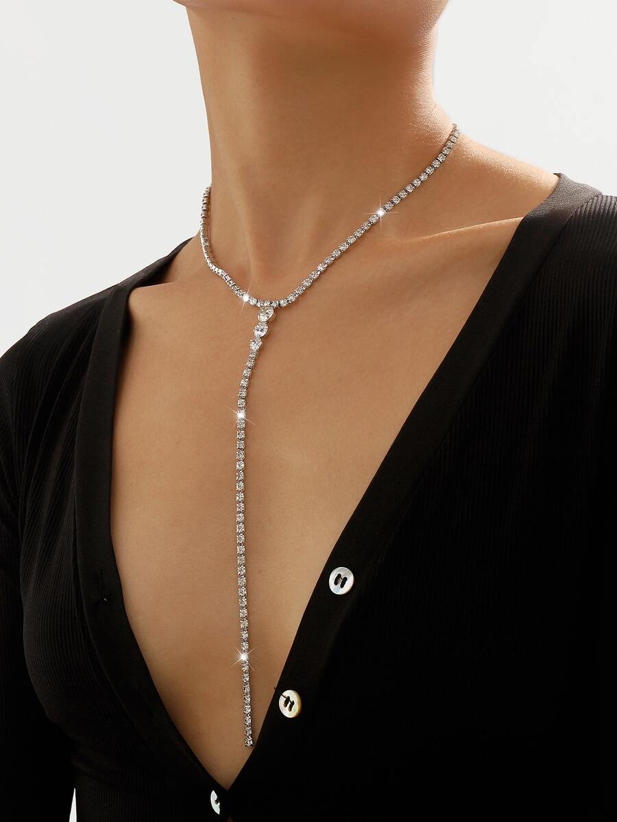水鑽裝飾Y字項鍊 - 銀色 - 查看 1