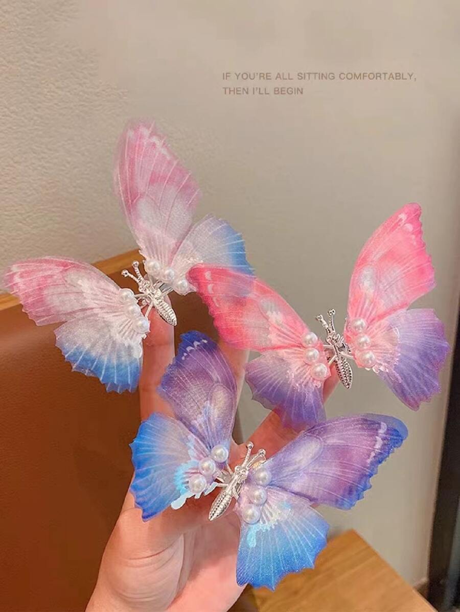 3入組女士蝴蝶和人造珍珠裝飾鱷魚皮髮夾用於髮飾 - 彩色 - 查看 1