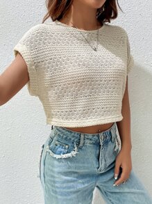 SHEIN EZwear Solid Cuffed Crop Top - Beige - View 3