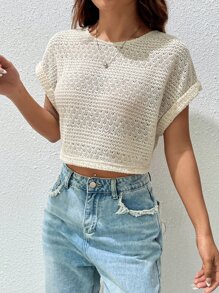 SHEIN EZwear Solid Cuffed Crop Top - Beige - View 5