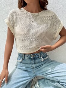 SHEIN EZwear Solid Cuffed Crop Top - Beige - View 6