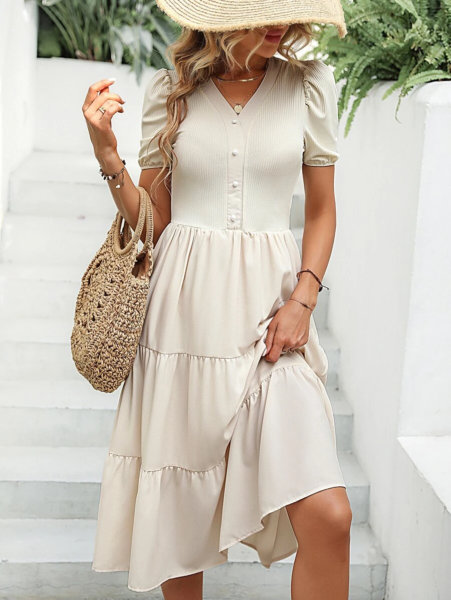 Breezaya Puff Sleeve Ruffle Hem Dress - Apricot - View 1