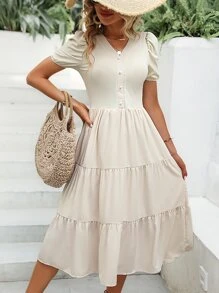 Breezaya Puff Sleeve Ruffle Hem Dress - Apricot - View 4
