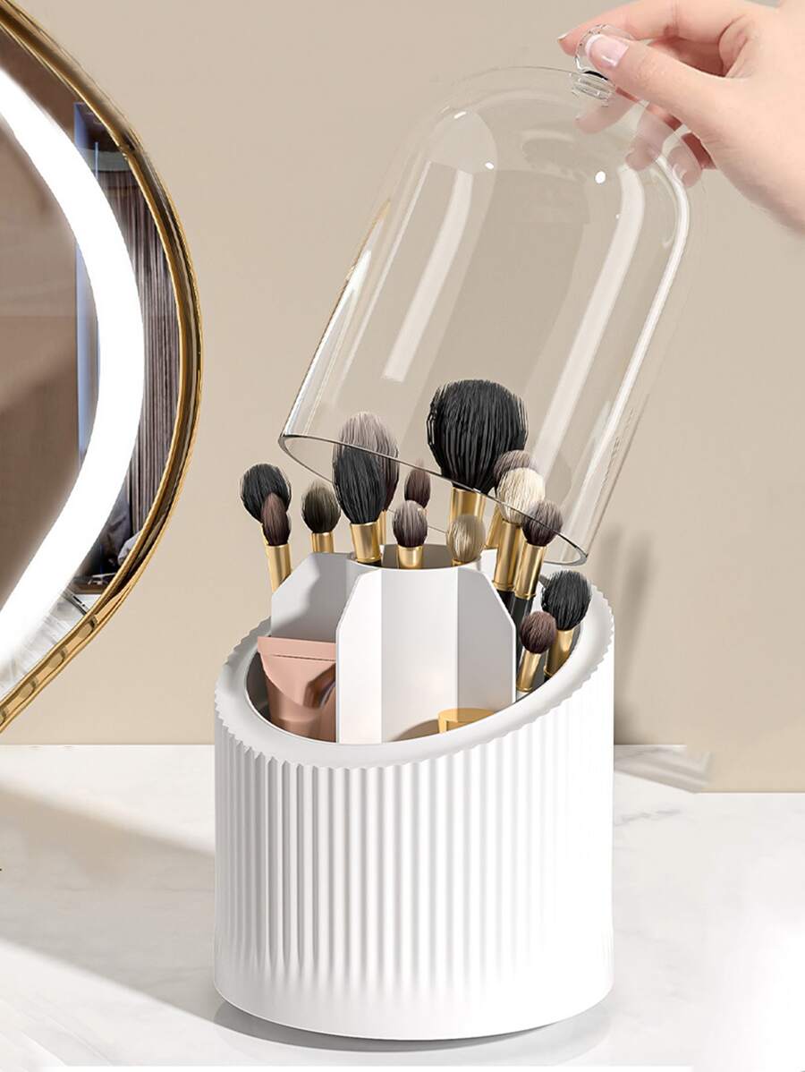 Multifunctional Makeup Brush Storage Box, 1pc 360 Rotating Cosmetics Organizer, Waterproof & Dustproof Storage Bucket, Lipgloss Holder, Desk Organizer For Countertop, Vanity And Bathroom - White - View 1