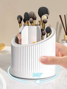Multifunctional Makeup Brush Storage Box, 1pc 360 Rotating Cosmetics Organizer, Waterproof & Dustproof Storage Bucket, Lipgloss Holder, Desk Organizer For Countertop, Vanity And Bathroom - White - View 4