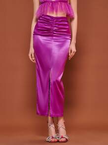 SHEIN BAE 褶邊高衩緞面半身裙 - 紫色 - 查看 4