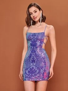 SHEIN BAE 亮片裝飾露背繫帶吊帶緊身連衣裙 - 紫色 - 查看 4