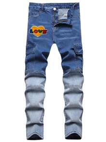 Men Colourblock And Letter Embroidery Flap Pocket Cargo Trousers - Medium Wash - View 1