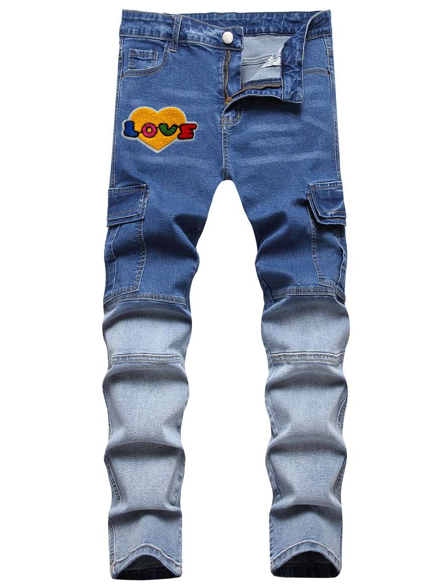 Men Colourblock And Letter Embroidery Flap Pocket Cargo Trousers - Medium Wash - View 1