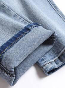 Men Colourblock And Letter Embroidery Flap Pocket Cargo Trousers - Medium Wash - View 4