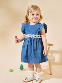 蕾絲拼接 揉皺 拉鍊撞色嬰兒連衣裙 - 藍色 - 查看 1