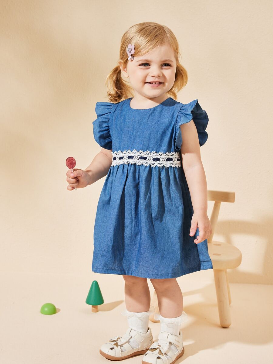 蕾絲拼接 揉皺 拉鍊撞色嬰兒連衣裙 - 藍色 - 查看 1