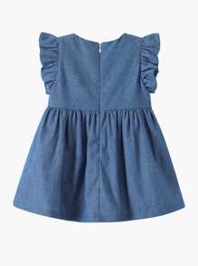 蕾絲拼接 揉皺 拉鍊撞色嬰兒連衣裙 - 藍色 - 查看 2